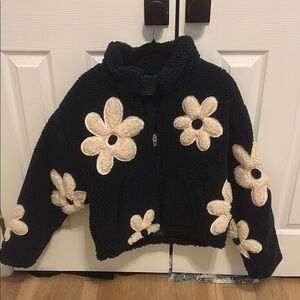 Blank NYC Teddy Navy Fleece Jacket with Cream Floral Design